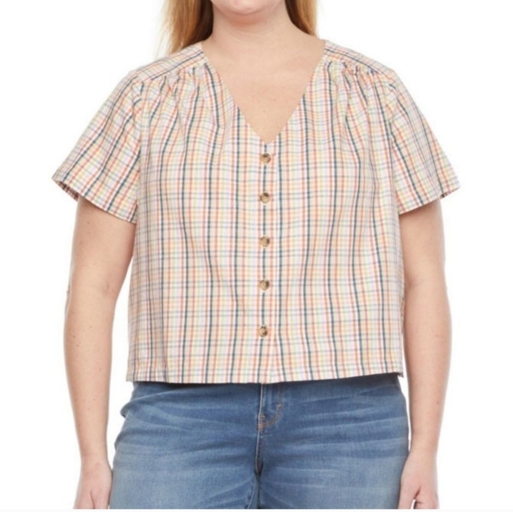 A.N.A Petitw Multicolor Gingham Short Sleeve Button Blouse XL
